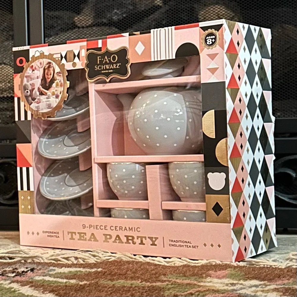 FAO Schwarz Gray Polka Dot Ceramic Tea Party Set - Picture 1 of 7